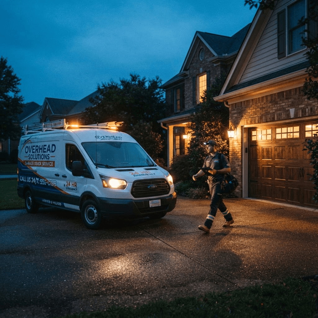 Garage door service van arriving at a home in the evening