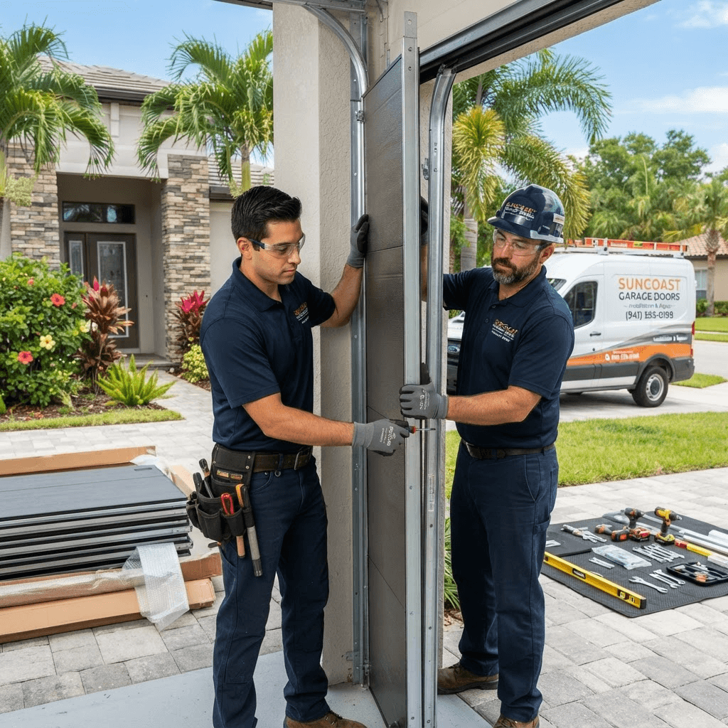 New sectional garage door being installed on a Florida home