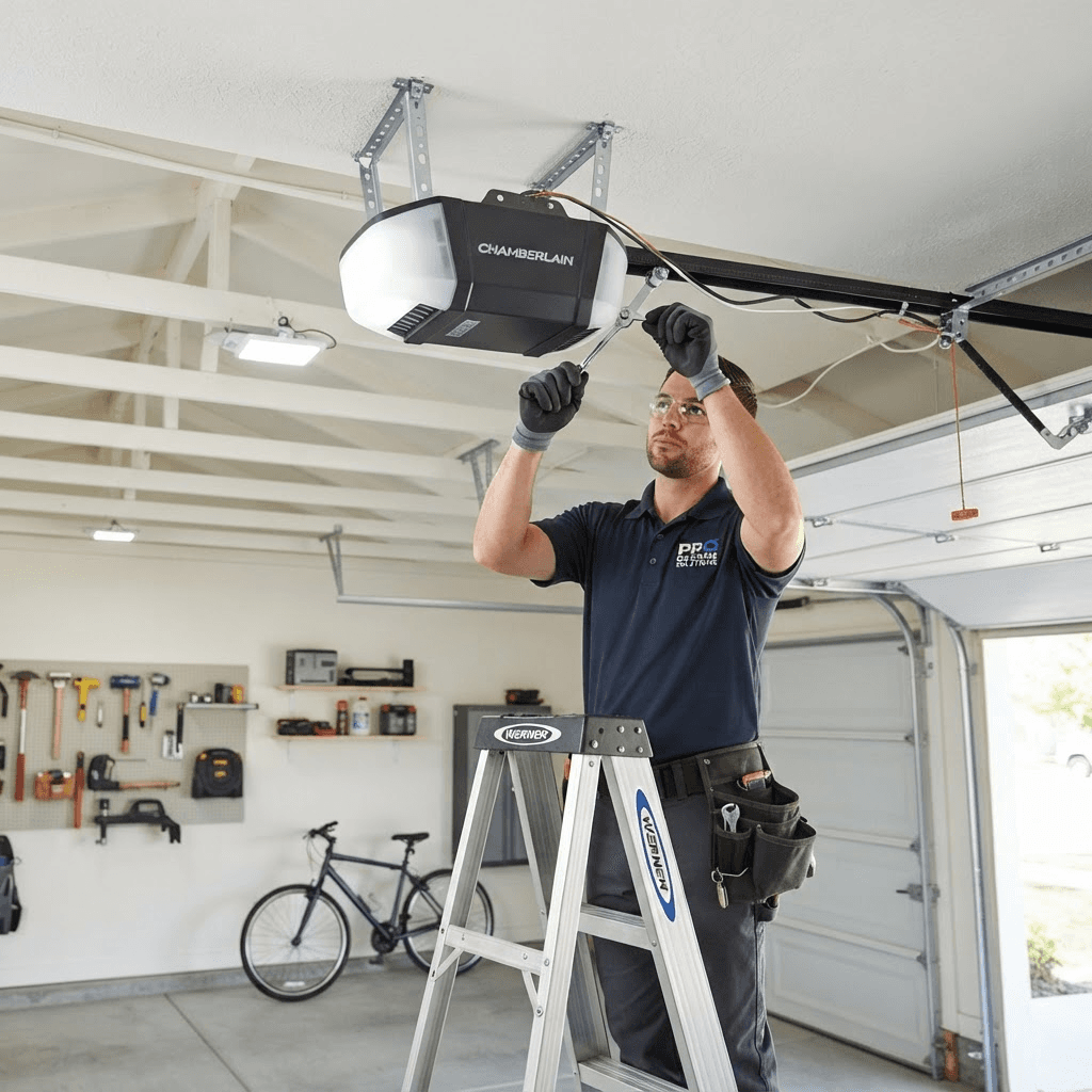 Garage door opener motor mounted on a garage ceiling