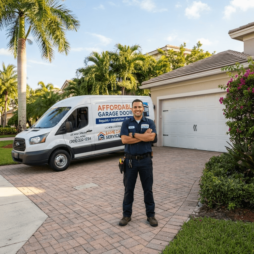 Titan Garage Door Service & Repair LLC technician standing beside a service van in a Naples, Florida driveway