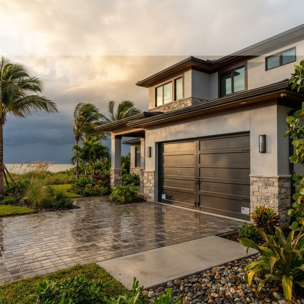 Heavy-duty reinforced hurricane-rated garage door on a coastal Southwest Florida home