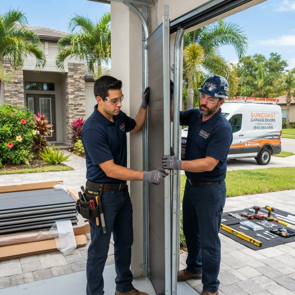 New sectional garage door being installed on a Florida home