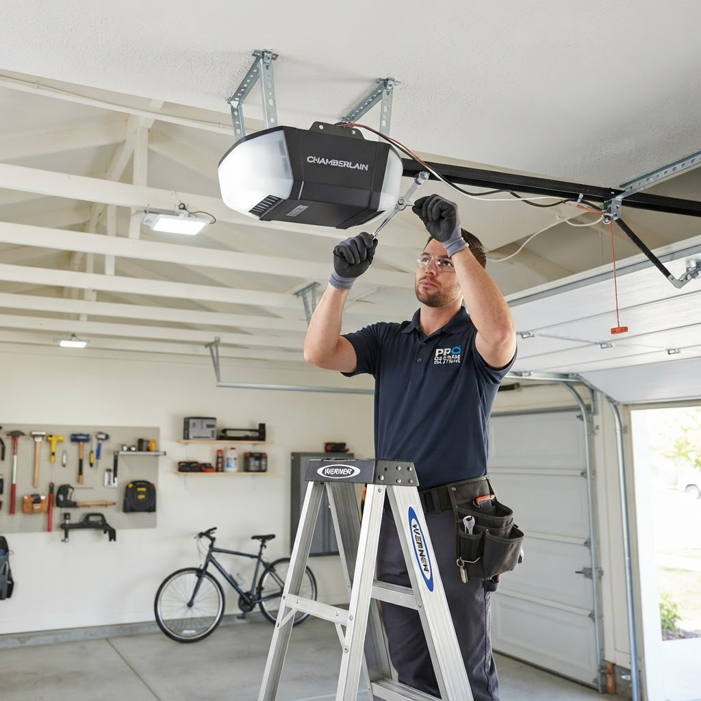 Garage door opener motor mounted on a garage ceiling