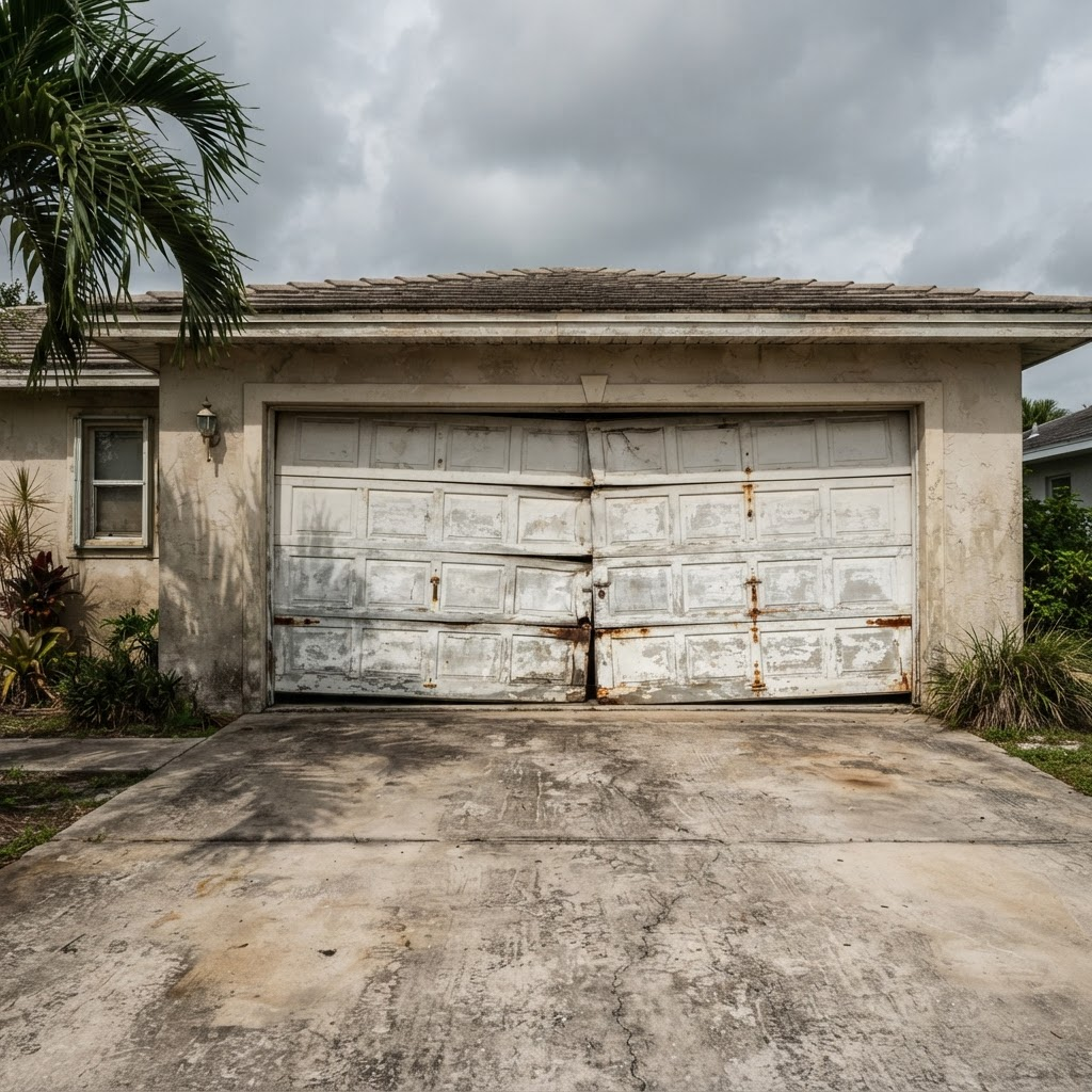Aged and dented garage door before replacement on a Florida stucco home