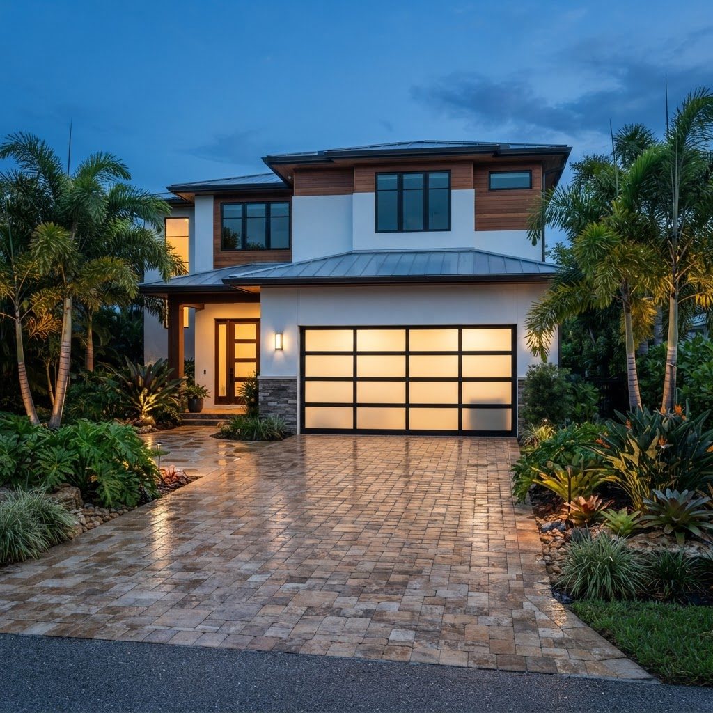 Modern full-view aluminum and glass garage door installed on a coastal Florida home at dusk