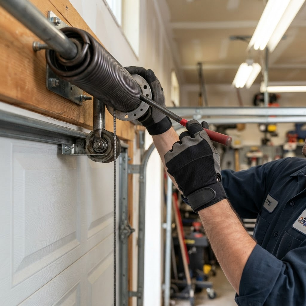 Technician inspecting garage door springs and hardware